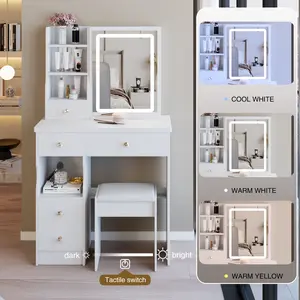 29.2" Small Size Left Drawer Desktop Vanity Table + Cushioned Stool, Large Sliding, Touch Control, Tri-color Switching, Brightness Adjust LED Mirror, High Capacity Storage, Suitable for Small Space