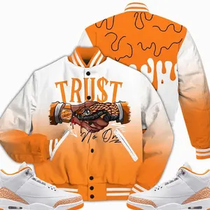 3 White Orange Peel Varsity Jacket, Orange Citrus 3s Outfit Snake Trust No One Shirts To Match Sneaker Streetwear