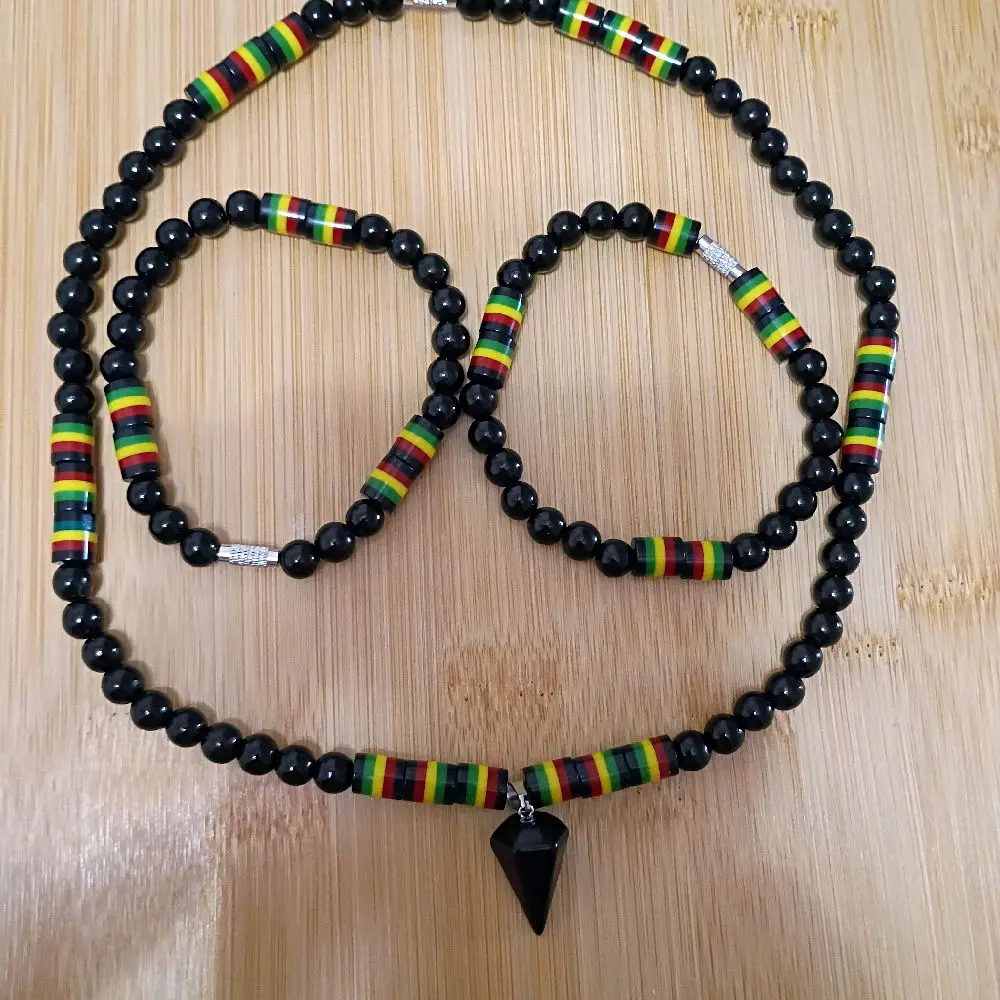 Black Handmade Beads Rasta Color Necklace Bracelet Set with Pendant - Perfect for Gift
