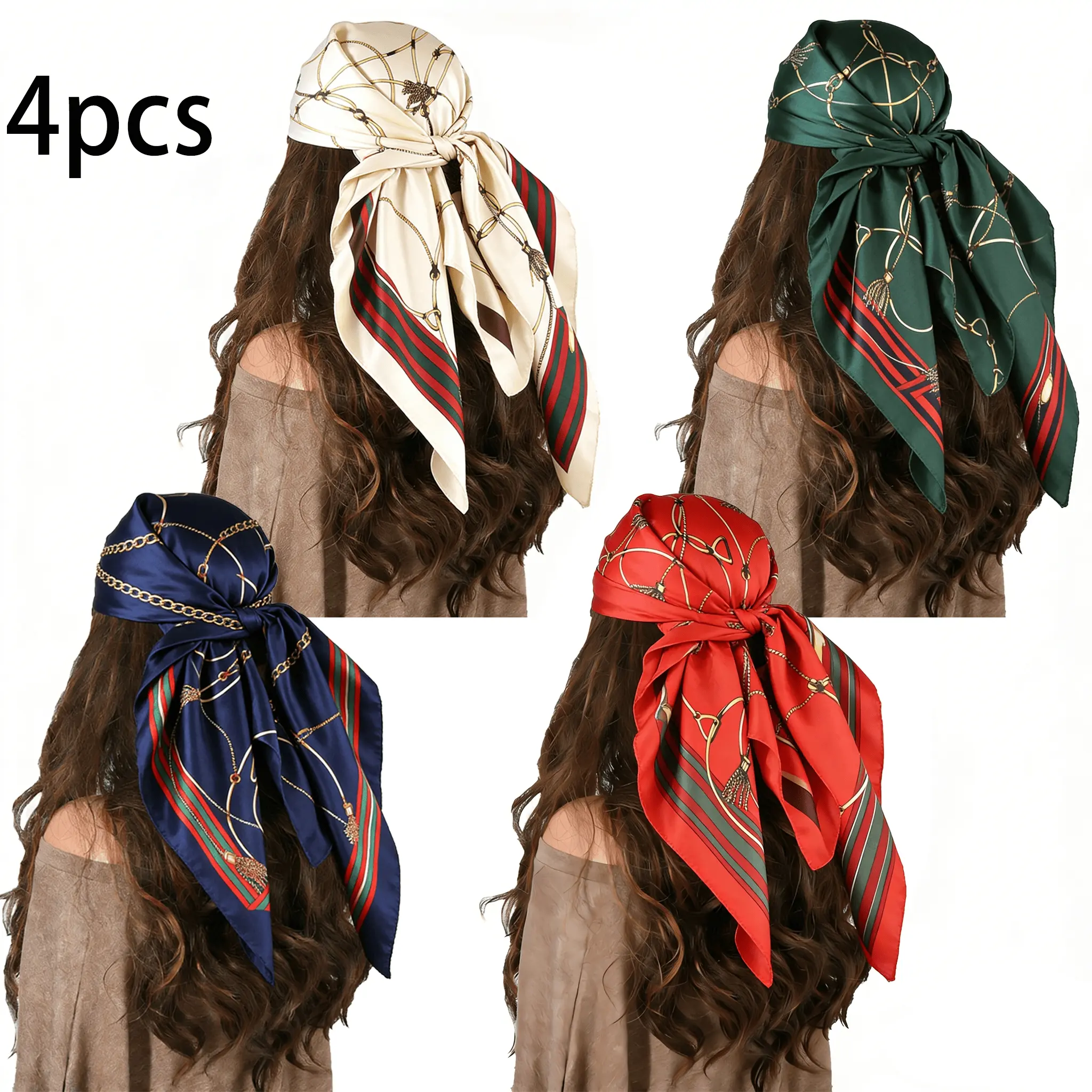 4/1PCS Large Satin Head Scarf for Women  Hair Wraps,  Neck Scarves, Fashion Chain Print Hair Accessories for Daily/Party, Multifunction Hair Kerchief, Boho Style Scarf, Versatile Headscarf