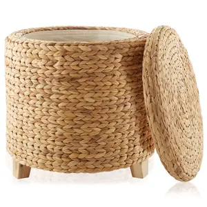 Casafield 17" Round Storage Ottoman with Lid, Natural Water Hyacinth, Woven Wicker Footstool for Living Room, Bedroom, Bathroom, Home Office
