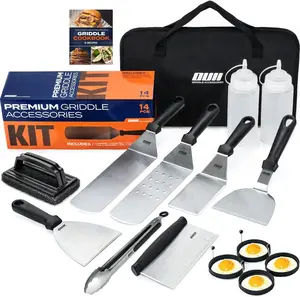 14 Piece OUII Flat Top Griddle Accessories Set for Blackstone and Camp Chef Griddle with Cleaning Kit, Carry Bag, Metal Spatula, and Egg Rings for Teppanyaki & Gas Grill - Perfect Utensils for Griddling