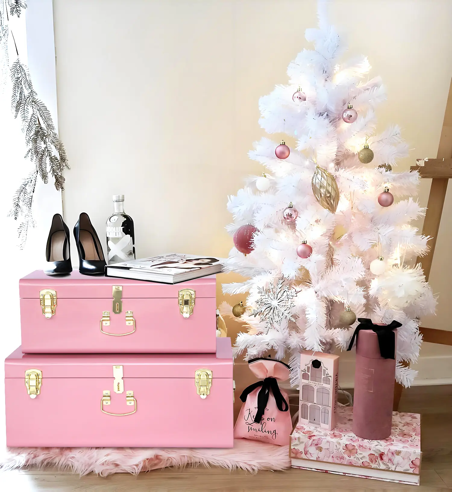 Blush Pink Vintage Metal Storage Trunk Set (2-Pack) for Memories and Keepsake and Gifts Storage Boxes