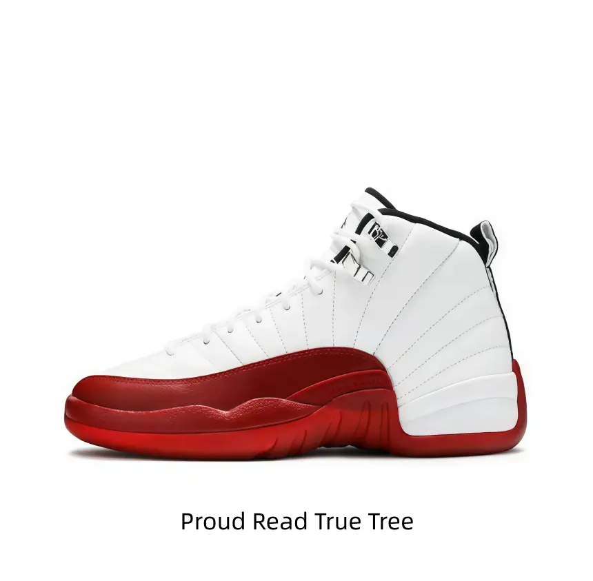 High-top retro basketball sneakers, smooth crisp white pebbled leather upper, vibrant glossy cherry red textured full rubber outsole, tiny black metal lace hardware accents, timeless two-tone for classic streetwear fits.