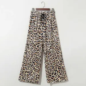 2026 Women's leopard print pleated wide-leg gaucho pants sheepskin leopard print belted stretch wide-leg long pants casual resort style#SummerVibes outdoorfun
