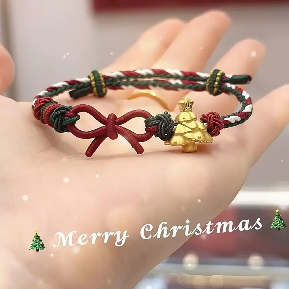1pc Christmas Bracelet for Women, Adjustable Red Green Braided Bow Knot Bracelet with Golden Christmas Tree Charm, Festive Xmas Holiday Jewelry Secret Santa Stocking Stuffer Gift For Family Friends