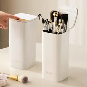 Push Pop-Up Makeup Brush Holder with Lid, Slots Organizer, Automatic Lifting, Dustproof, Vanity Decor, Bathroom Countertop, Cosmetic Brushes Container