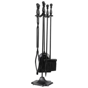 Zenstyle 5PCS Wrought Iron Fireplace Tool Set - Hardware Multitools & Accessories, Multi-Purpose Combo Multitools & Accessories with Black Handles, Holder, Shovel, Brush, Tongs, 11lbs, 7.1"l×7.1"w×30.7"h for Outdoor Fire Pits