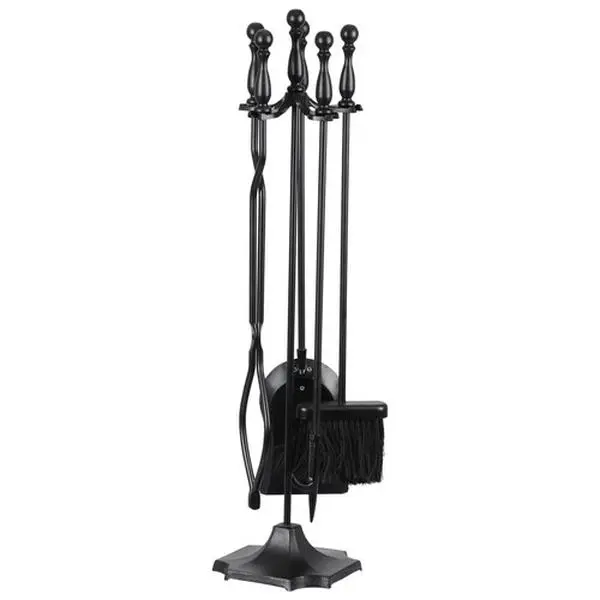 Zenstyle 5PCS Wrought Iron Fireplace Tool Set - Hardware Multitools & Accessories, Multi-Purpose Combo Multitools & Accessories with Black Handles, Holder, Shovel, Brush, Tongs, 11lbs, 7.1"l×7.1"w×30.7"h for Outdoor Fire Pits