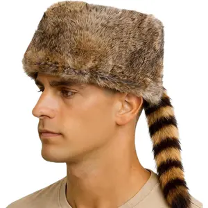 Real Raccoon Hat with Tail for Men Women Rabbit Fur Davey Crockett Coonskin Hat Russian Ushanka Fur Hats