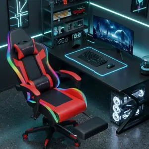 【New Arrival】Mr IRONSTONE Gaming Chair, RGB LED Lights Computer Chair with Footrest, Lumbar Support Gamer Chair, High Back, 90-135° Reclining, Linkage Armrests, Red
