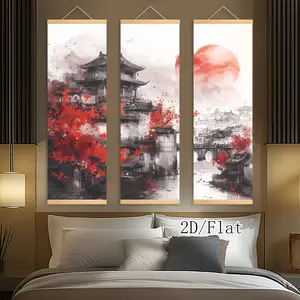 [2D-Flat]3pcs Exquisite Posters Canvas Wall Art Sunset Ink Painting Print Ink Wash Painting Wooden Scroll Hanging Painting, HD Art Decor, Pattern for Living Room, Best Gift for New Year, Indoor-Outdoor Decor, Fade-Resistant Art, Modern Art Design