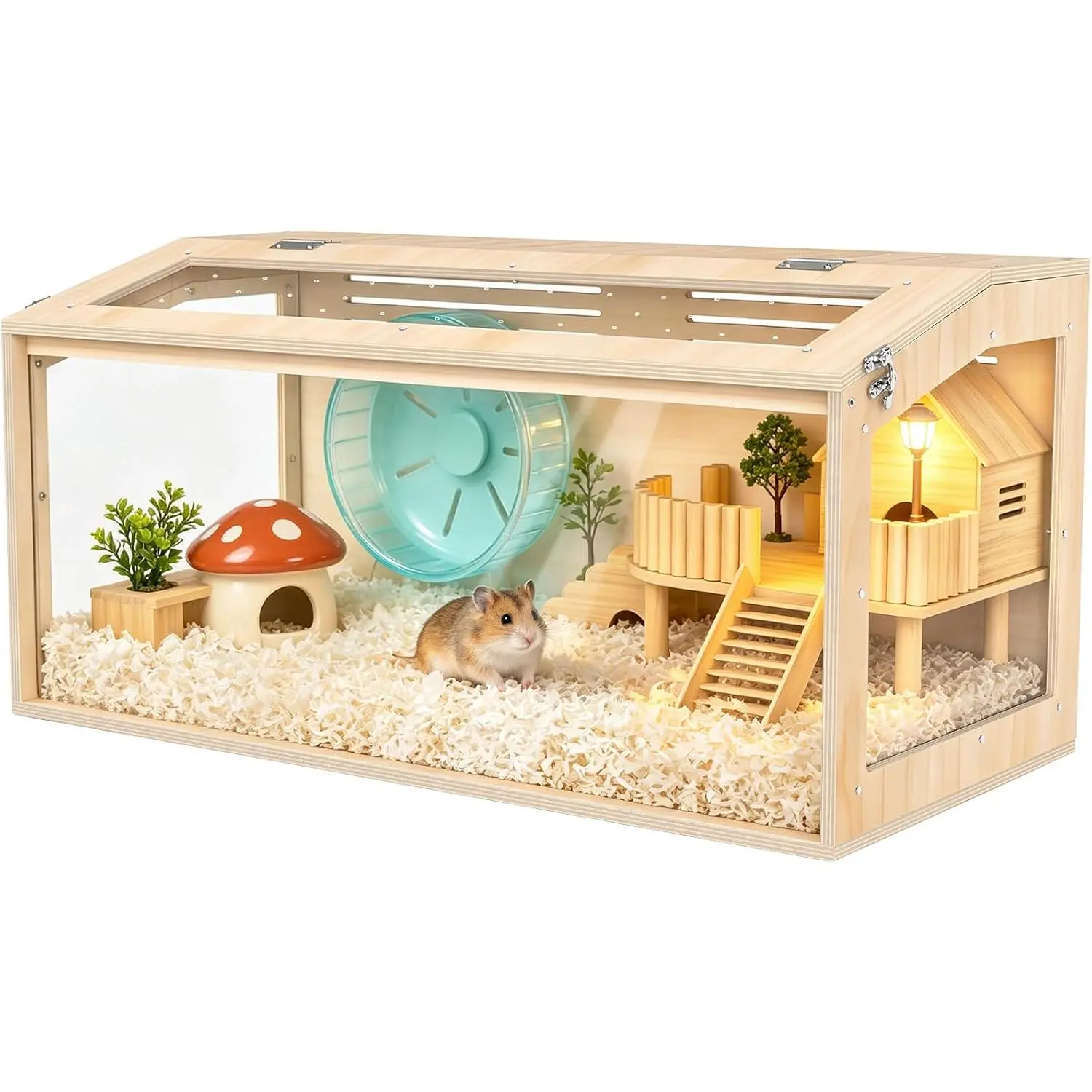 Hamster Cage,32Inch Large Hamster Cage with Panoramic View and Ventilated Top, Spacious Acrylic Glass Habitat for Syrian Dwarf Hamsters and Degus, Natural Wood Frame Enclosure