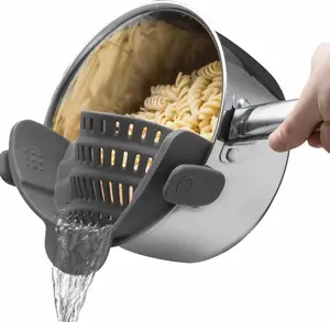 Clip-On Silicone Pasta Strainer for Pots & Pans | Heat Resistant Kitchen Colander for Noodles, Vegetables & Fruits | Space-Saving Snap-On Drainer - Gray