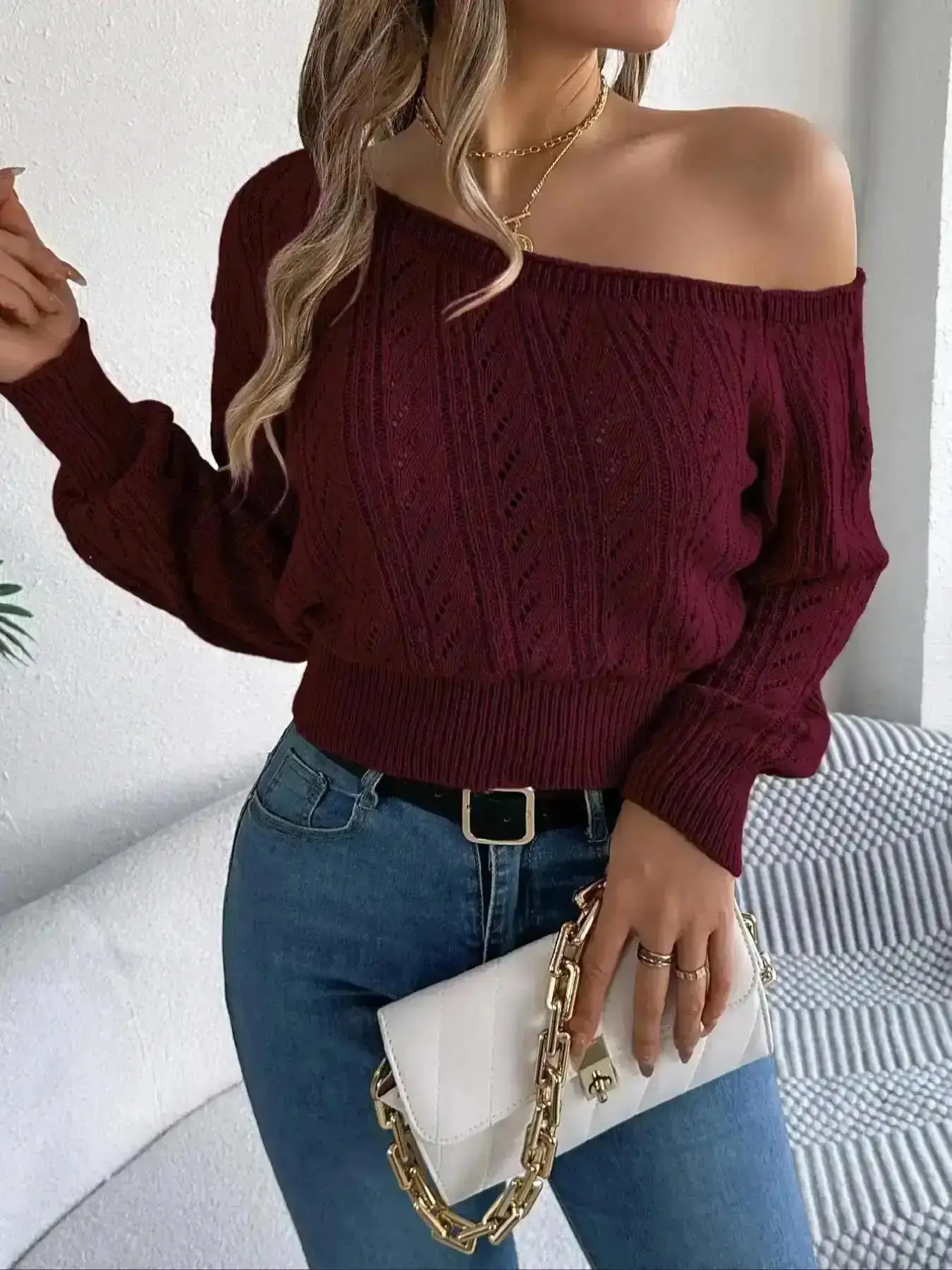 Fashion Knitwear Top Hollow-Out Asymmetrical Neck Fitted Sweater, Elegant Raglan Sleeve Jumper for Fall & Winter, Ladies' Daily Wear, Long Sleeves, Womenswear, Cozy, Versatile, Comfort, KnitwearStyle, WinterWear
