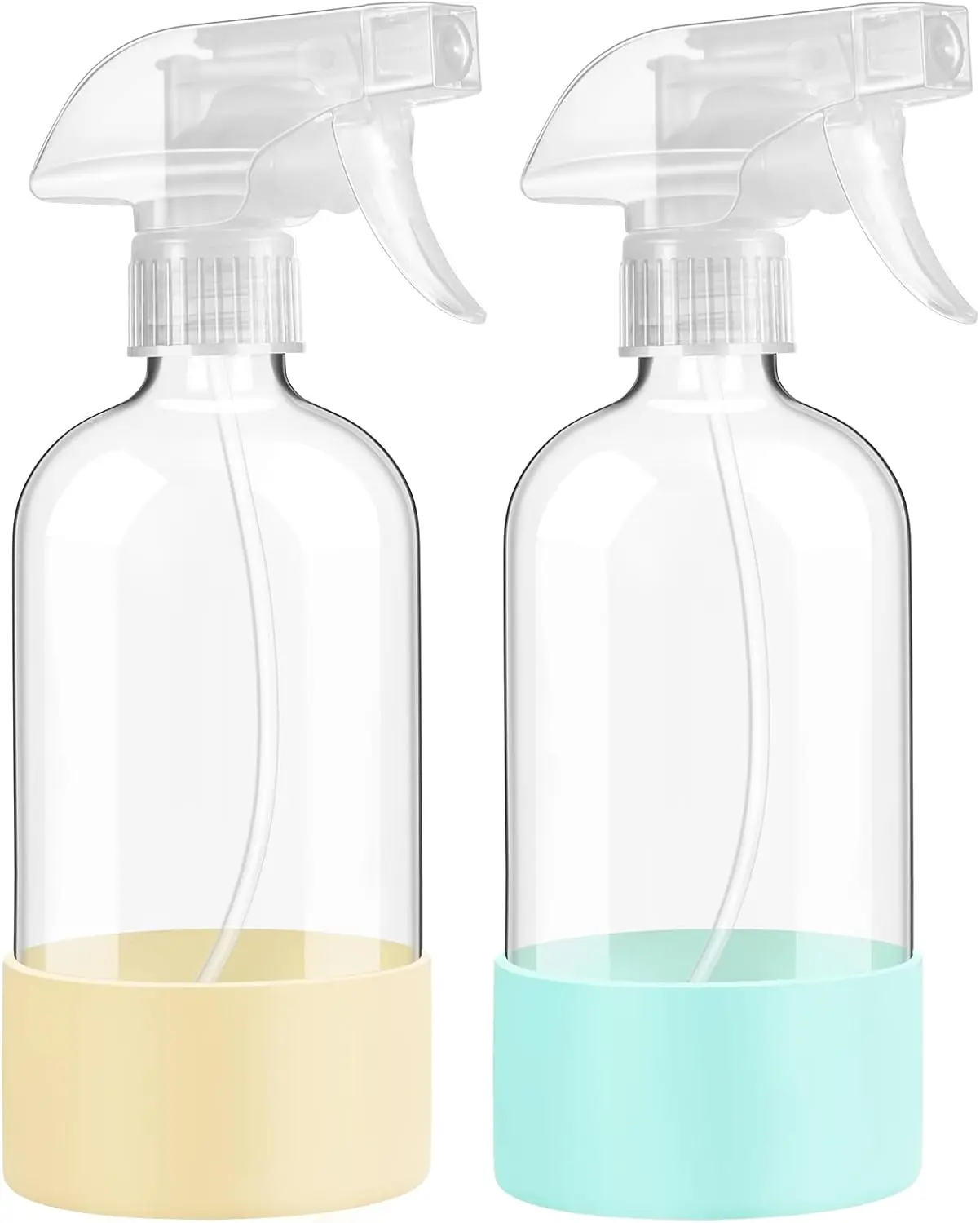 16 oz Glass Bottles with Sleeve Protection (2-Pack, Pale Yellow & Mint Green) - Adjustable Nozzle Home Supplies for Hair Styling, Cabinet Stain Removers, Bathroom Cleaners, Two-Pack