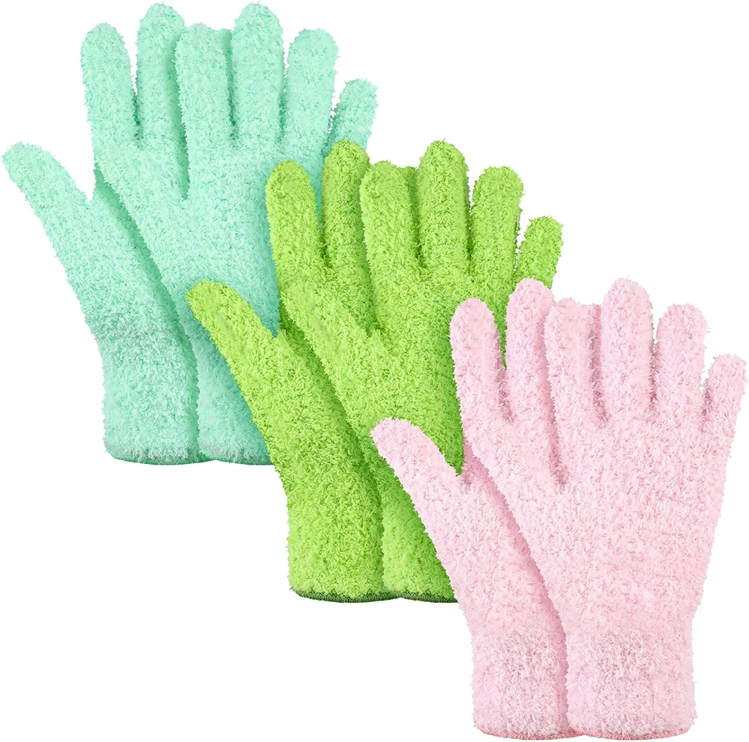 Household Full-Finger Soft Synthetic Fiber Cleaning Gloves (3-Pair Medium Thick), Reusable Machine-Washable Durable, for Indoor Plant Leaf Cleaning & Home Furniture Dusting (Green Yellow, Blue, Pink)