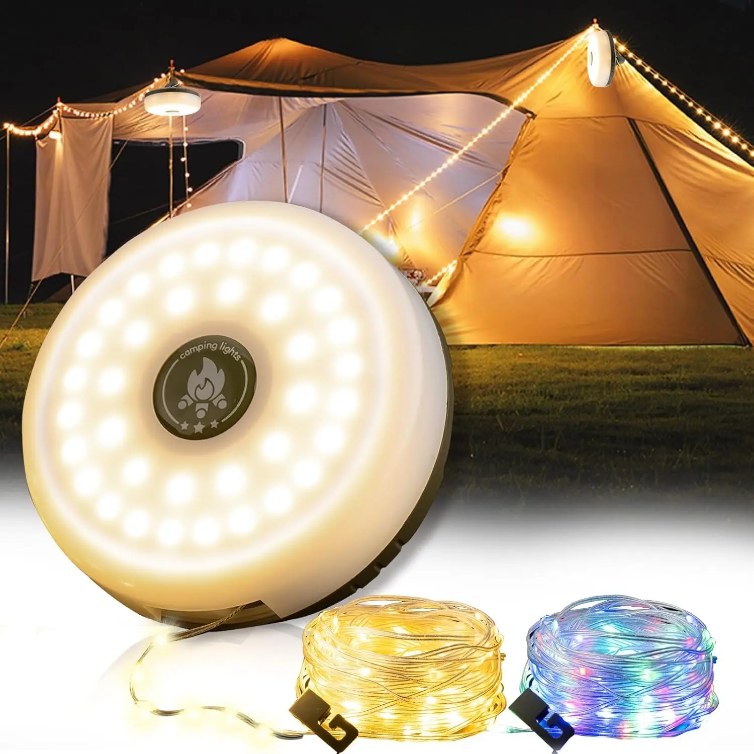 Camping String Lights, 4 in 1 Quick Storage 33FT Rechargeable Tent Lights String with 8 Lighting Modes, Hanging Waterproof Portable LED Lamp for Outdoor Patio Awning Party Essentials, Decorative Led Light