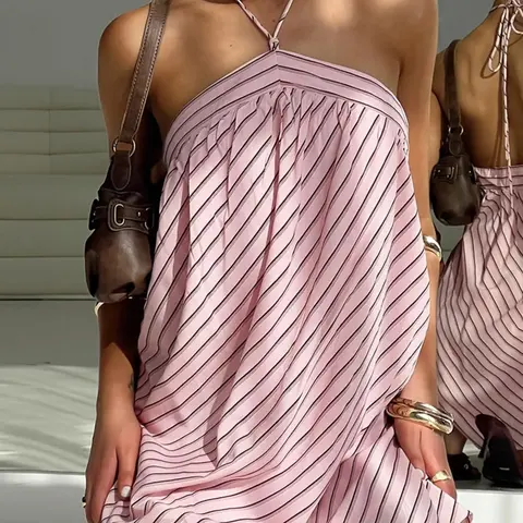 Women's Striped Print Halter Neck Dress, Casual Sleeveless Short Dress for Summer, Ladies Clothes for Daily Wear, Beach Summer Dress