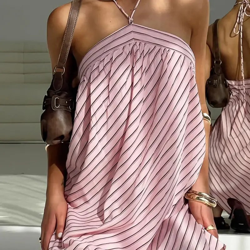 Women's Striped Print Halter Neck Dress, Casual Sleeveless Short Dress for Summer, Ladies Clothes for Daily Wear, Beach Summer Dress