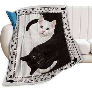 Cat Blanket Black and White Throw Blanket Soft Fleece Flannel Bedding Cats Gifts for Men Boys Women Girls Lovers Adults Stuff Plush for Couch Sofa Bed Room Decor 40"X50", Printed on One Side with a Plain White Back, Halloween Thanksgiving Christmas Gift