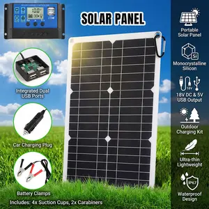 20W Monocrystalline Portable Solar Panel, 100A Controller & Dual USB, Phone RV Car Camping Solar Charger with Car Charger & Suction Cups