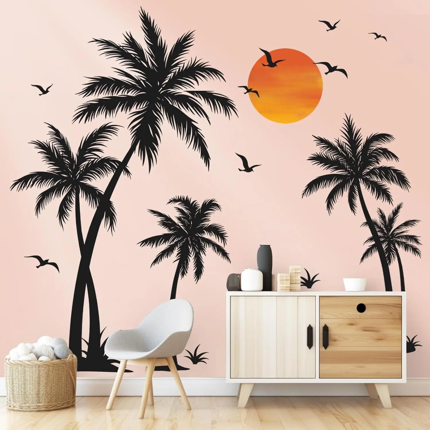 Large Black Palm Tree Wall Stickers Tropical Tree  Birds Peel and Stick Wall Art Decals for Living Room Bedroom TV Background (H: 53 inch)