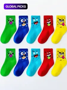 5 Pairs Kids Cartoon Themed Crew Socks, Playful Animal Expressions, Soft Breathable Material Sports Socks for Boys & Girls, All Seasons Wear, Colorful Design, Casual Stylish Socks