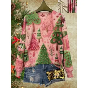 Women’s Full-Print Christmas Tree Pattern Lightweight Casual Crewneck Long-Sleeve Sweater/Hoodie