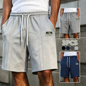 3 pCS solid color men’s knee length athletic casual shorts; loose fit with stitching details, drawstring jogger pants, side pockets design; lightweight and comfortable long pants. sport