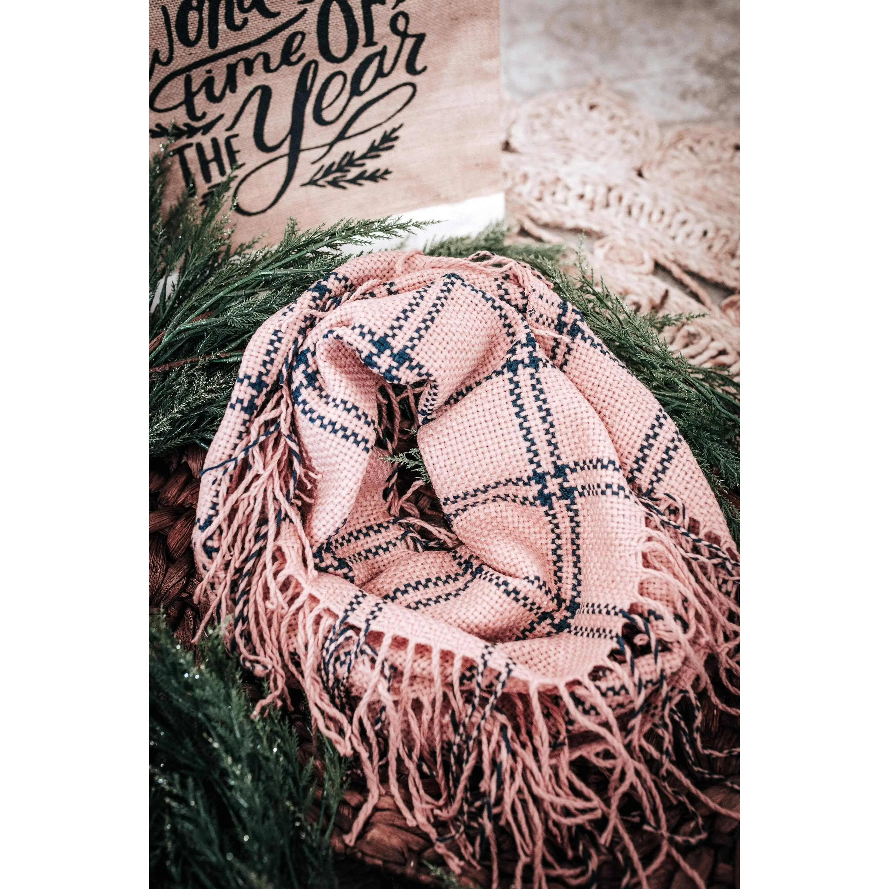 11.24 Plaid Infinity Scarf In Navy & Blush 11.24