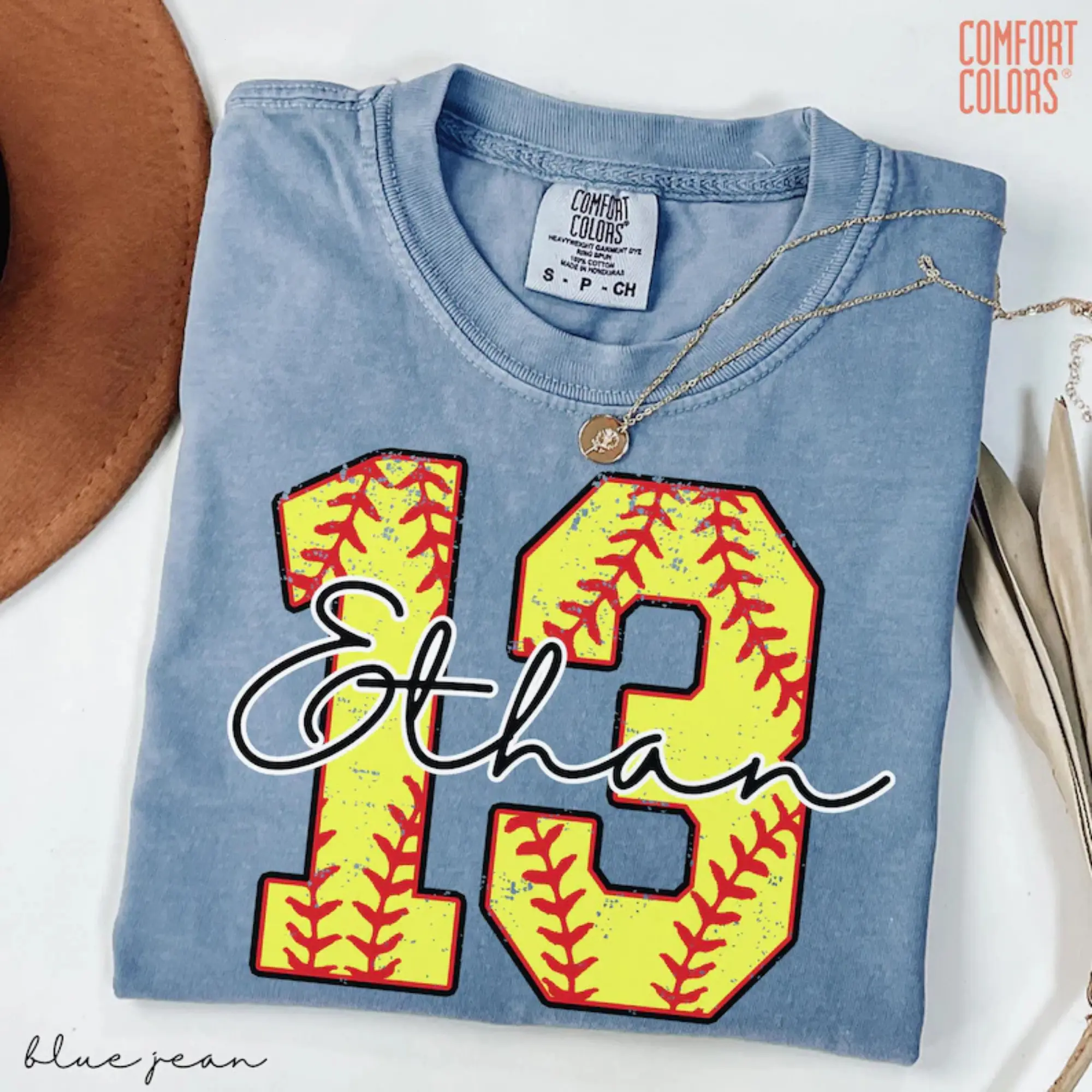 Lady's Fit Casual Comfort Colors Custom Softball Name-Number Tshirt - Everyday Game Day Team Apparel, Softball Lover Gift