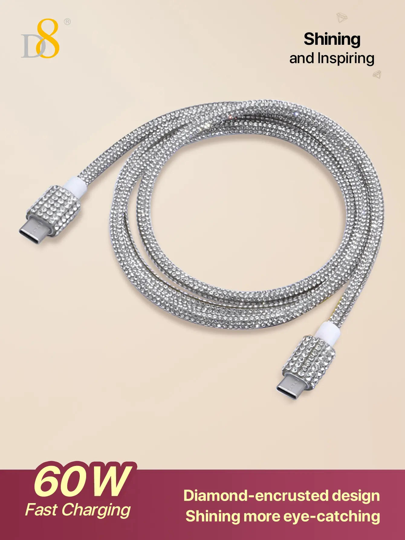 D8 60W USB C to USB C Cable Fast Charging, Crystal Decoration,Diamond Shine, Compatible with iPhone 16/Pro/Plus/Pro Max, MacBook