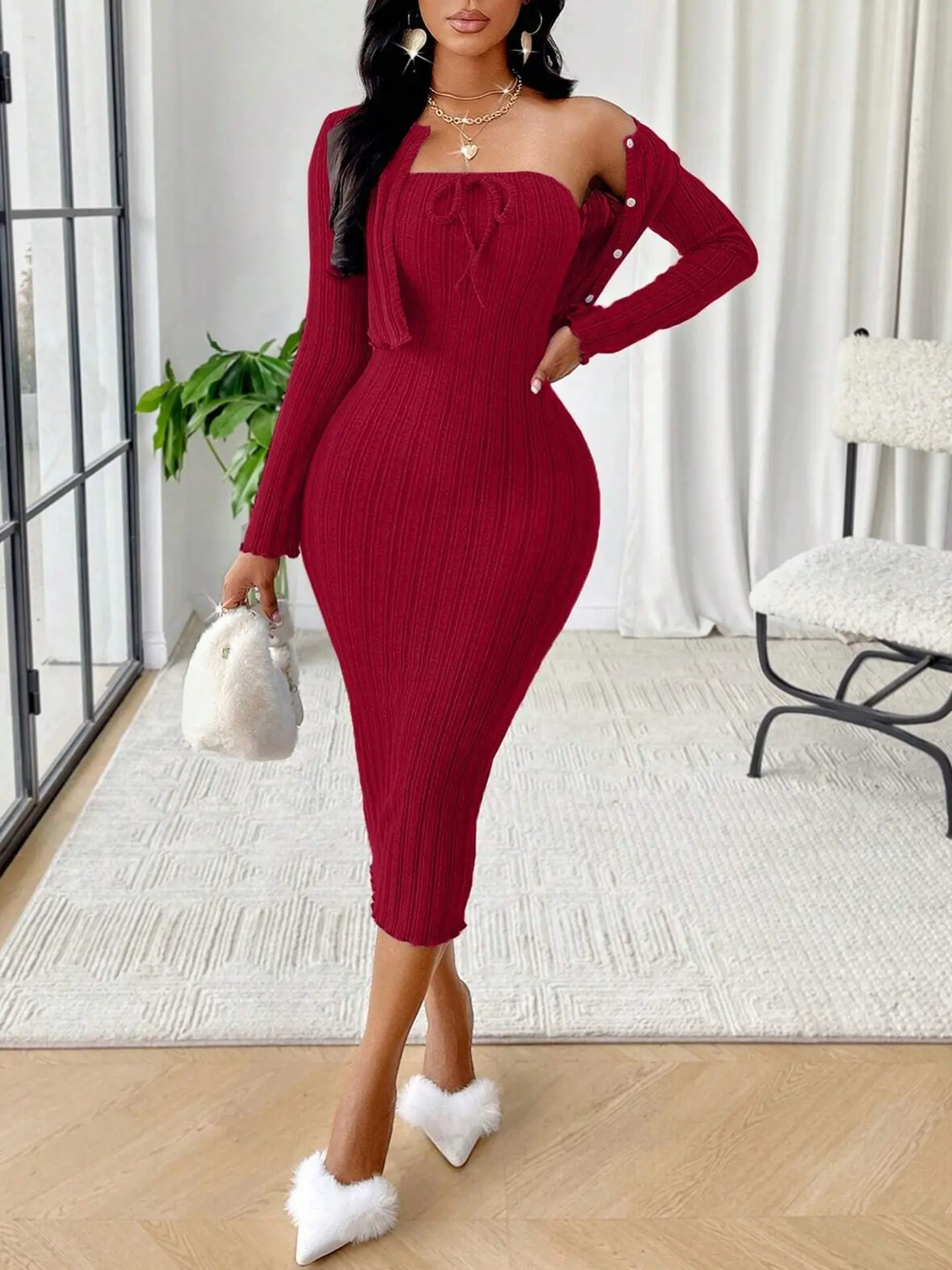 Women 2‑Piece Outfit Sets, Long Sleeve Button Down Cropped Cardigan and Square Neck Tie Front Ribbed Knit Bodycon Midi Dress for Club Date Night Daily Wear