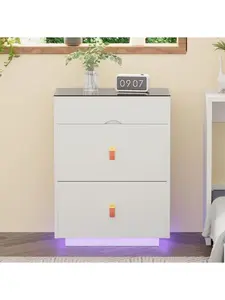 [Bellewave]3-Drawer 30'' Nightstand with LED Light, Modern Nightstand with 3 Storage Drawers, Bedside Table with Glass Top Jewelry Storage and Faux Leather Handles for Bedroom, Livingroom, Cloakroom, White Design