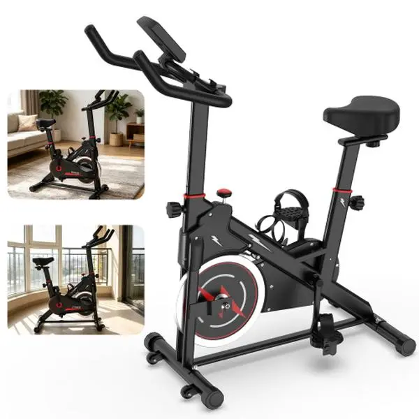 Sturdy Stationary Bike for Home Fitness, Space-Saving Indoor Cycle with Quiet Belt Drive, Monitor Display, Adjustable Res., Multi-Fit Seat, Ergonomic Design, Cardio At Home, Home Gym, Compact Layout