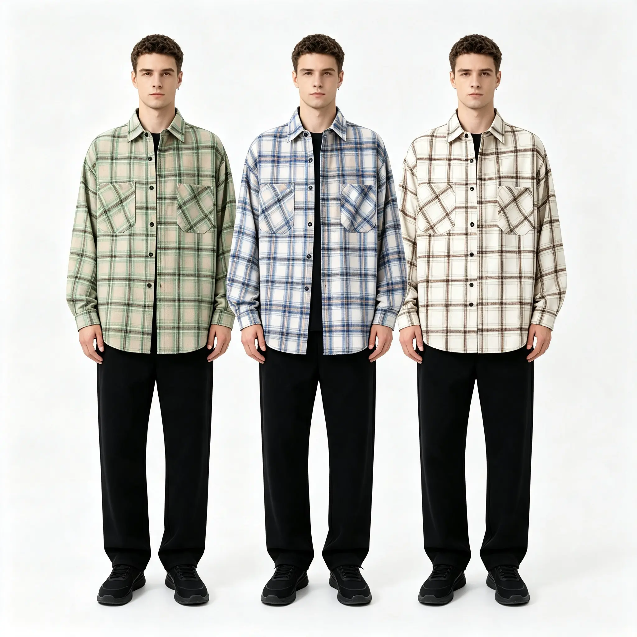 Men’s 3-pack flannel plaid button-up long-sleeve shirts, loose casual fit with chest pocket, soft fabric, suitable for autumn/winter workwear and everyday streetwear.