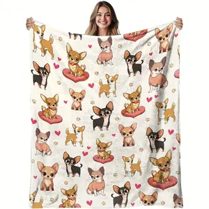 Chihuahua Lovers Gift Blanket - Soft Flannel Cozy Throw with Cute Chihuahua & Heart Design, All-Season Machine Washable Pet Blanket for Sofa Bed Travel, Birthday Gift for Dog Ladies, Dog Blanket, Playful Design, Comfortable Texture