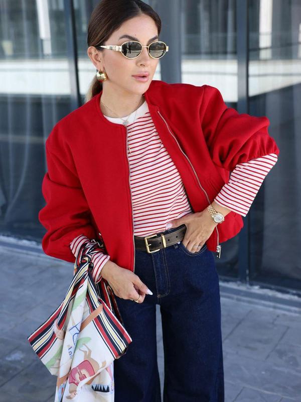 Women's New Oversized Bubble Sleeve Jacket, Zipper Bomber Jacket, Soft Casual Streetwear, Fashion Pilot Jacket, Spring & Fall Outerwear