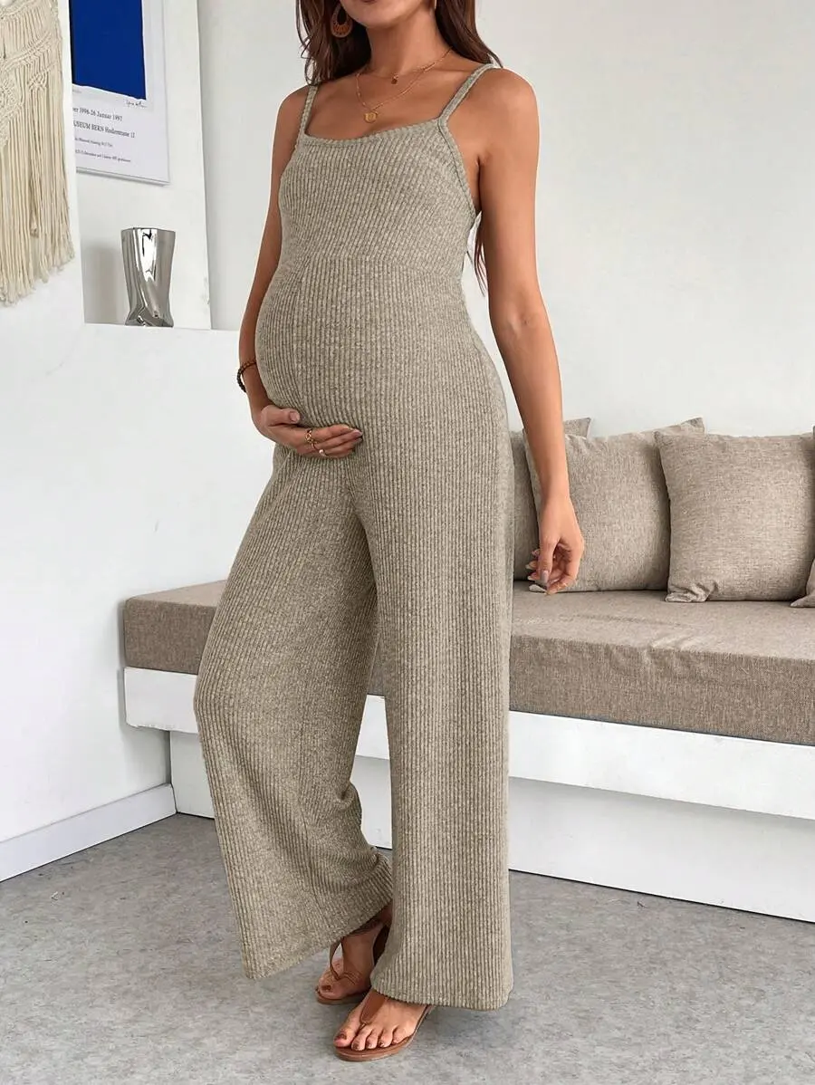 MOOMA Maternity Solid Color Ribbed Casual Jumpsuit With Suspenders