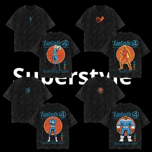 Superstyle Mr. Fantastic, Invisible Woman, Human Torch, The Thing - Fantastic Four MCU Collection Edition Double Printed Oversize Lightweight Acid Washed Tee TV Series Graphic Design Top Cotton Streetwear Comic Superheroes T-Shirt Clothes Menswear