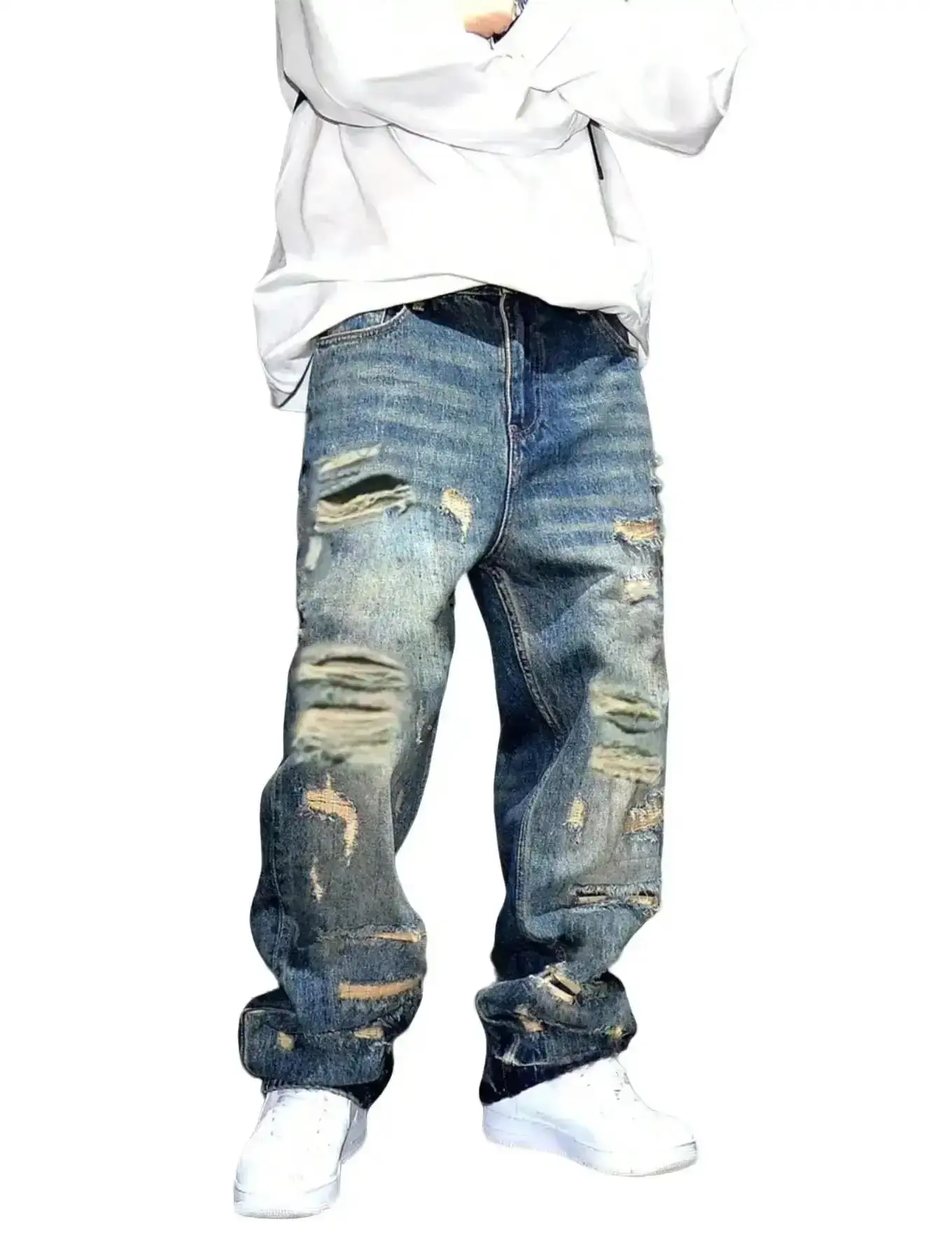 American Retro Cool Casual Denim Jeans Plain, Loose Fit Straight Leg Pants, Trendy High Street Streetwear Beggar Style Hole, All Seasons Wear, Modern and Relaxed, Breathable, Lightweight