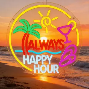 Always Happy Hour Neon Sign LED Light for Beer Bar & Tiki Bar Decor, Colorful Cocktail Wall Neon Sign for Home Bar, Man Cave & Game Room, Dimmable USB Powered LED Neon Light, Party Bar Decor & Fun Gift Ideas