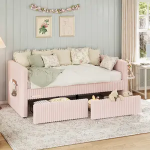 AMERLIFE Twin Size Corduroy Daybed with 2 Storage Drawers & Bedside Pocket, Upholstered Day Bed Frame with Charging & Night Light, Easy Assembly, No Box Spring Needed, for Living Room, Bedroom