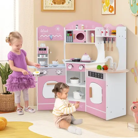 Costway Kids Kitchen Playset with Real Lights & Sounds, Microwave, Oven, Cooking Accessories, Storage, Little Chef Pretend Play Toy Kitchen Set, Gift for Boys Girls,Christmas Festival Gift Black Friday Cyber Monday Gift Season BlackFriday Friends Giving