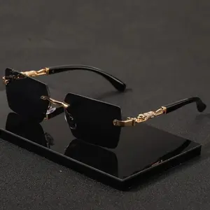 Unisex Summer Rimless Rectangle Sunglasses with Gold Trim, UV400 Protective UV400 Sports Eyewear for Travel