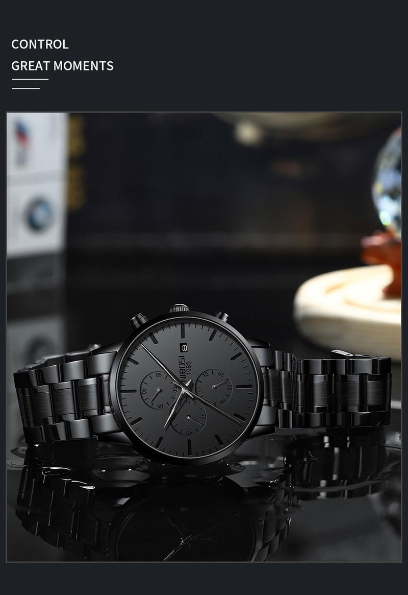 【Clearance sale】NIBOSI Men's Watches Analog Minimalist Black Dial Watches for Men Business Chronograph Military Casual Wrist Watches Stainless Steel Strap Date