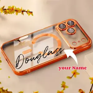 Personalized Custom Name Electroplated CD Grain Magnetic Phone Case for iPhone 17 16 15 Pro Max Series Clear Transparent Lens Protective Cover Premium Shockproof Wireless Charging Gift for Women and Men Business