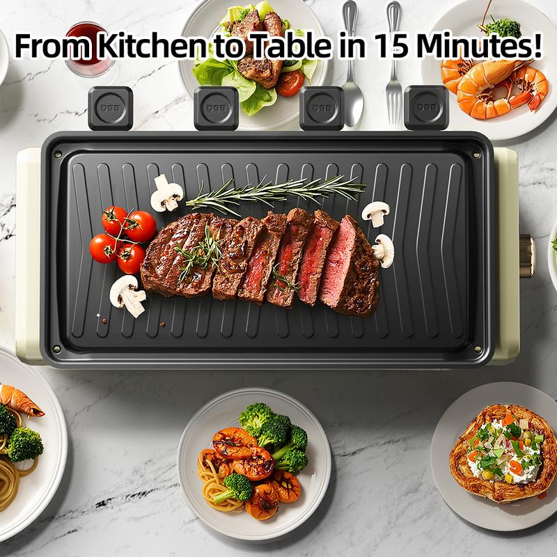 AORAN 1800W Electric Indoor Grill 2 in 1 with Grill Net Non-stick Cooking Removable Plate Temperature Control Smokeless Barbecue for Family Meals