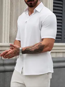 Men's Solid Color Button Collared Shirt, Casual Short Sleeve Collared Top for Summer, Menswear for Daily Wear, Casual Street Fashion